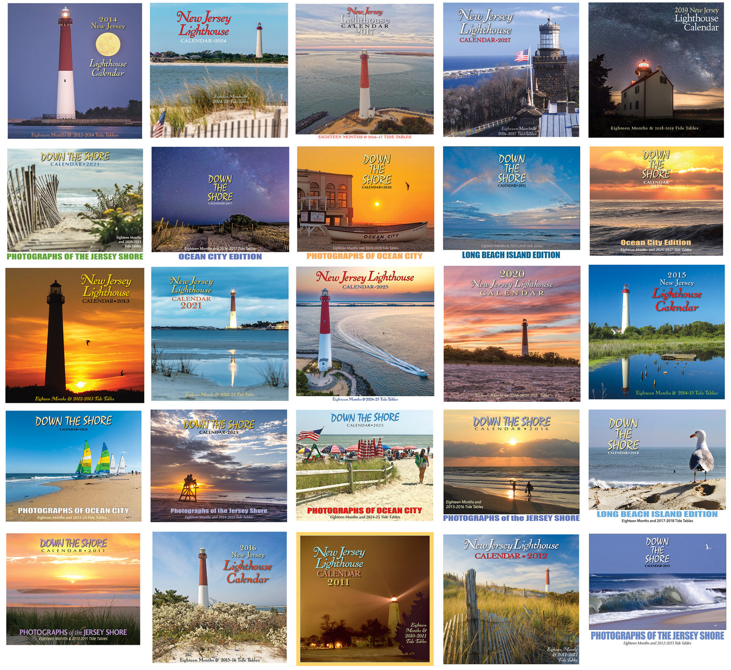 A 5x5 grid of 25 square New Jersey lighthouse-themed calendar covers or print designs, each showing different coastal scenes, lighthouses, beaches, and sunset colors. The text 'New Jersey Lighthouse' appears on several covers, and some titles include 'Photographs of the Jersey Shore' or 'Ocean City Edition.