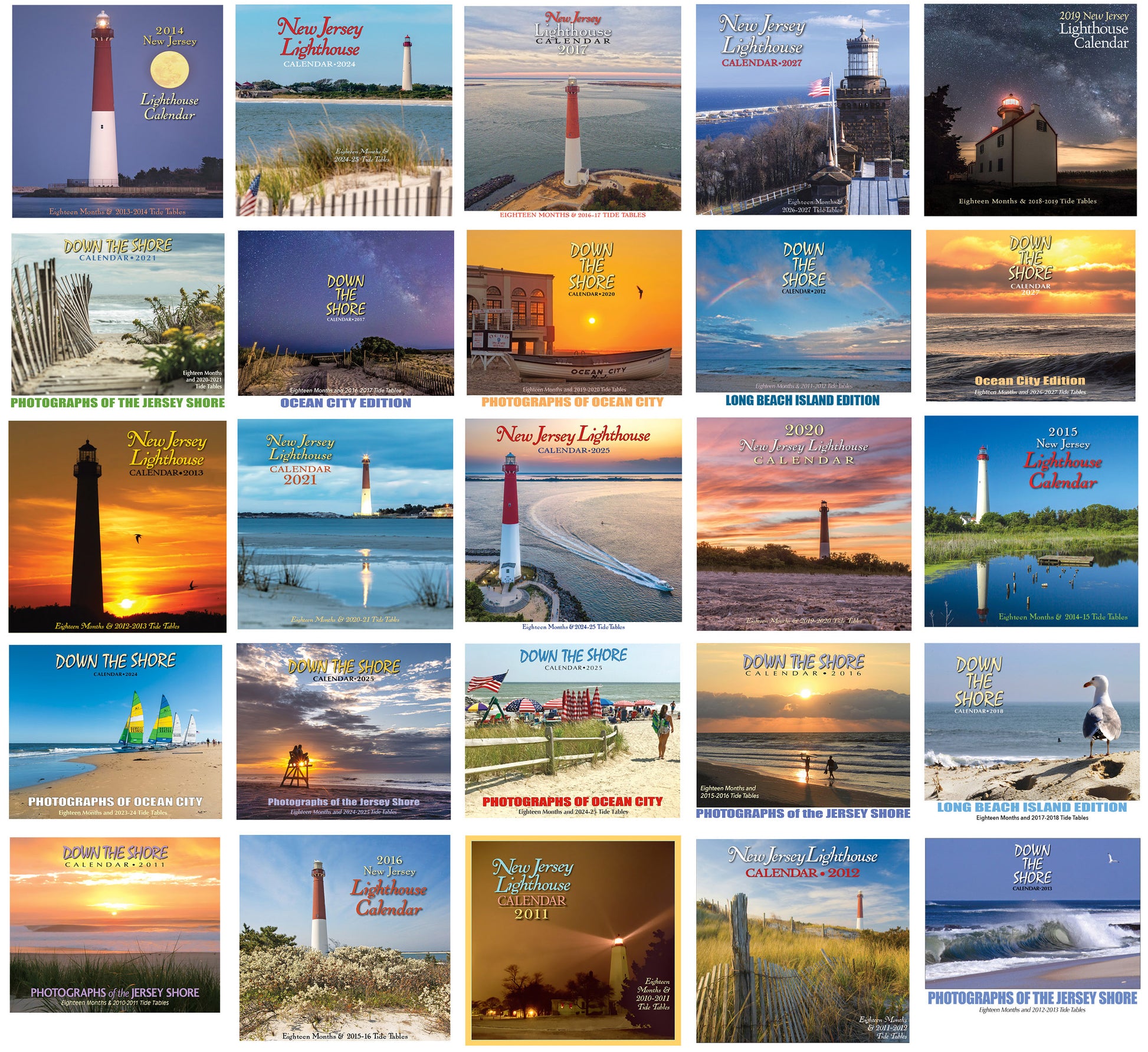 A 5x5 grid of 25 square New Jersey lighthouse-themed calendar covers or print designs, each showing different coastal scenes, lighthouses, beaches, and sunset colors. The text 'New Jersey Lighthouse' appears on several covers, and some titles include 'Photographs of the Jersey Shore' or 'Ocean City Edition.