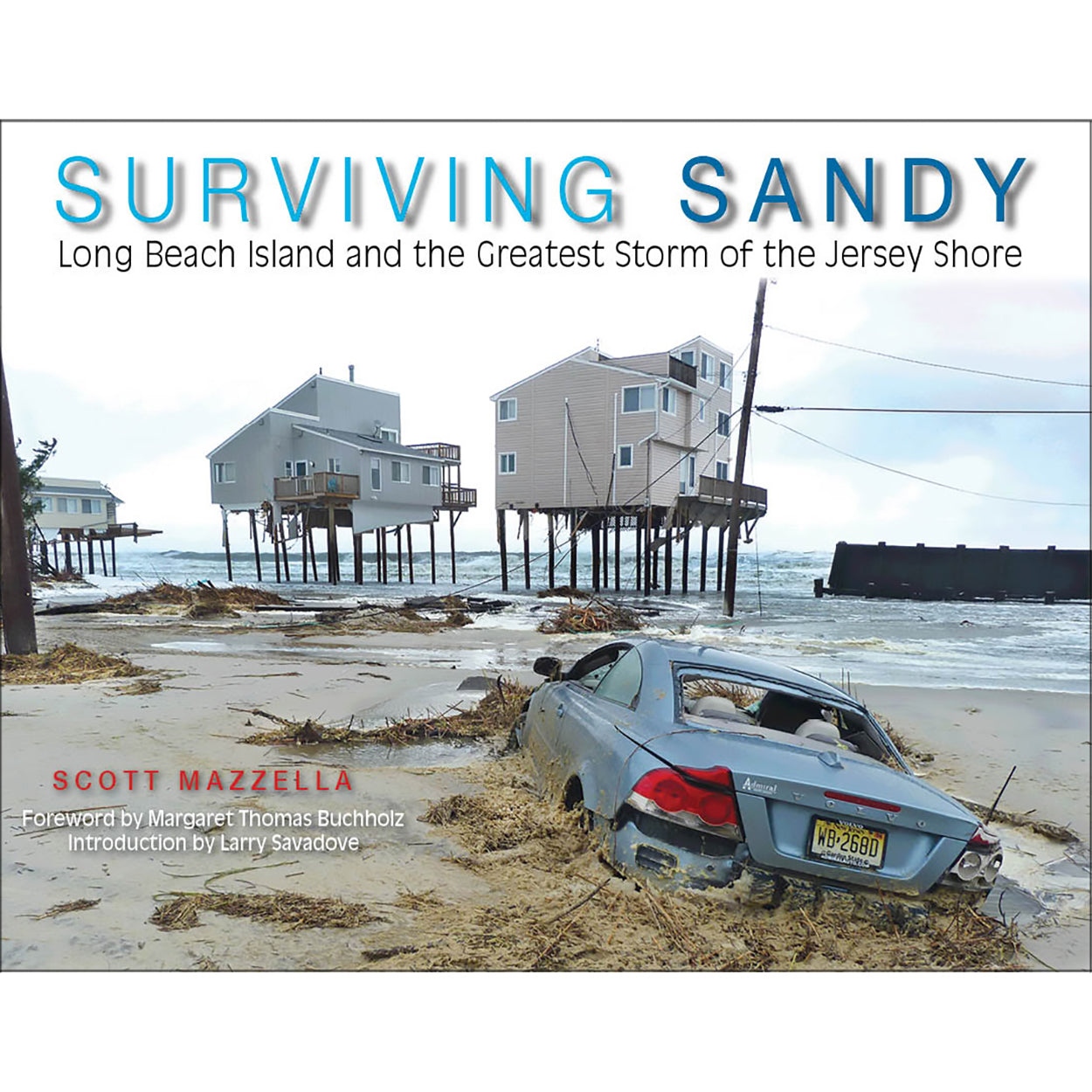 Book cover of 'Surviving Sandy' by author Scott Mazzella showing damaged houses and car on a beach.