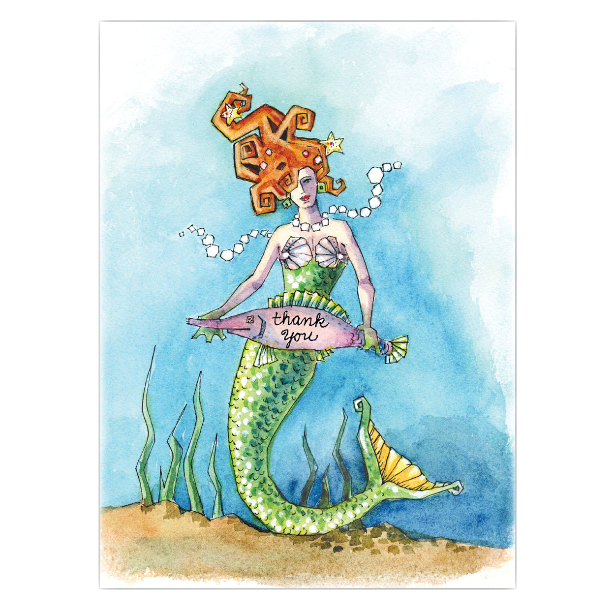Illustration of a mermaid holding a pink fish with 'thank you' text, surrounded by seaweed on a blue background.